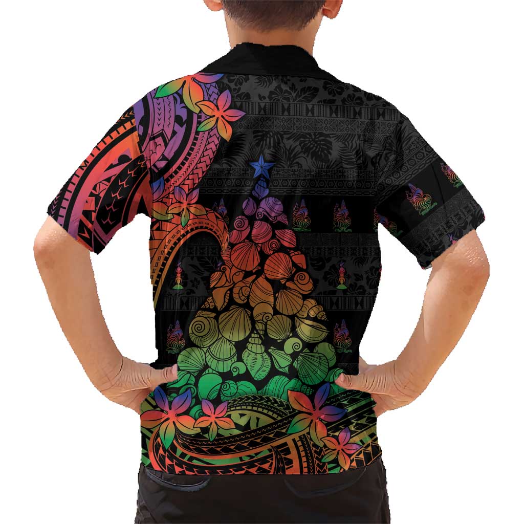 New Caledonia Christmas Family Matching Off Shoulder Short Dress and Hawaiian Shirt Seashell Xmas Tree Tribal Waves DT05 - Polynesian Pride
