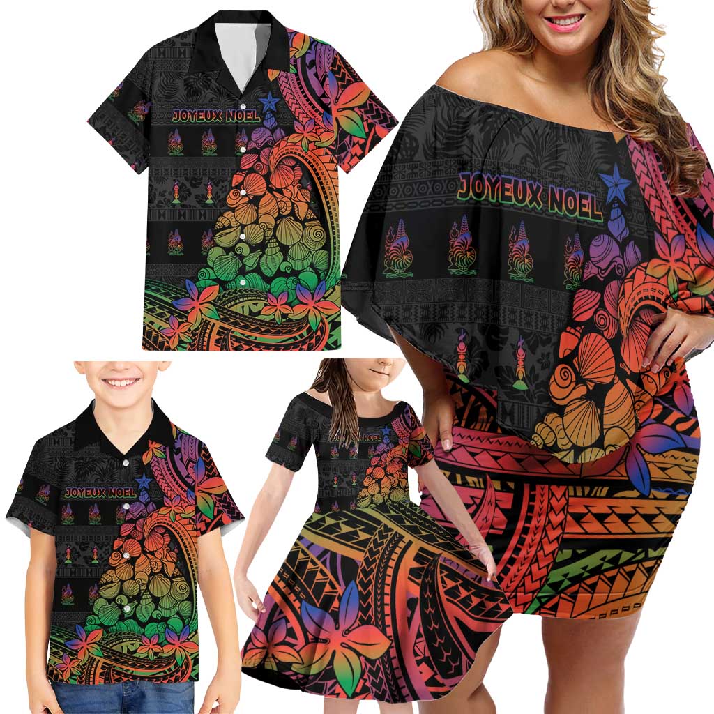 New Caledonia Christmas Family Matching Off Shoulder Short Dress and Hawaiian Shirt Seashell Xmas Tree Tribal Waves DT05 - Polynesian Pride