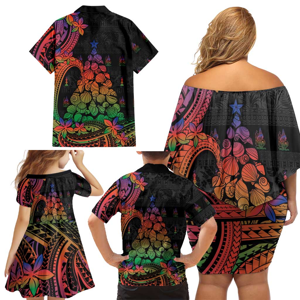 New Caledonia Christmas Family Matching Off Shoulder Short Dress and Hawaiian Shirt Seashell Xmas Tree Tribal Waves DT05 - Polynesian Pride
