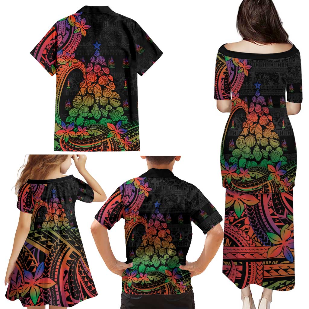 New Caledonia Christmas Family Matching Puletasi and Hawaiian Shirt Seashell Xmas Tree Tribal Waves - Polynesian Pride