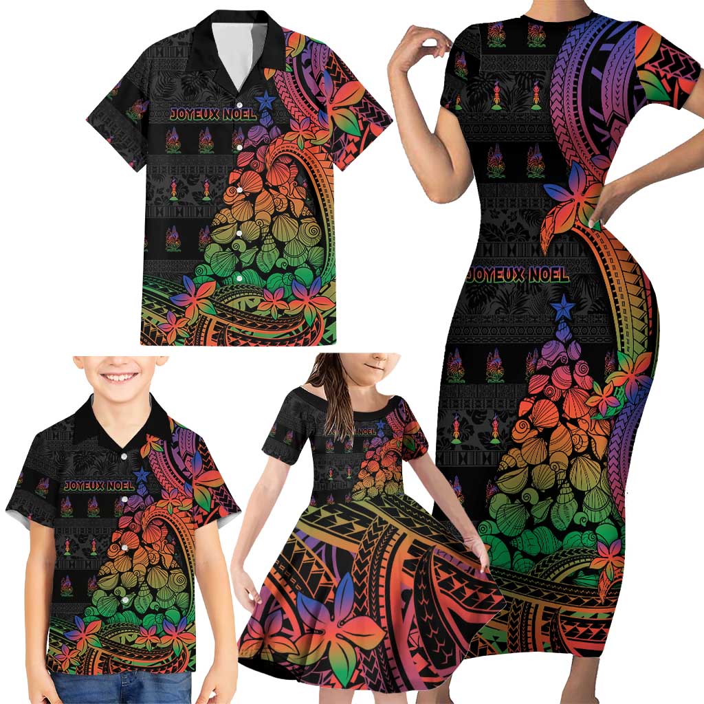 New Caledonia Christmas Family Matching Short Sleeve Bodycon Dress and Hawaiian Shirt Seashell Xmas Tree Tribal Waves DT05 - Polynesian Pride