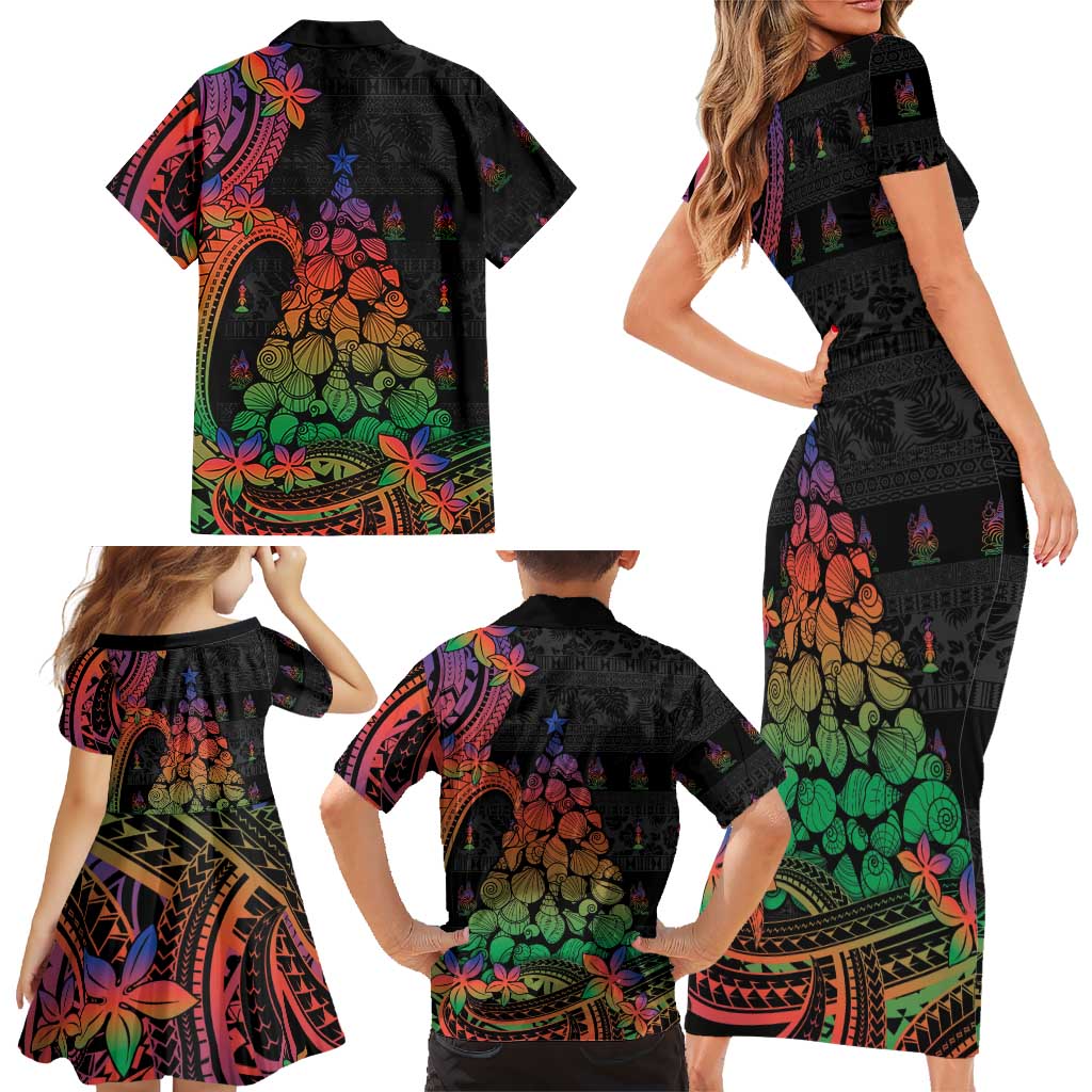 New Caledonia Christmas Family Matching Short Sleeve Bodycon Dress and Hawaiian Shirt Seashell Xmas Tree Tribal Waves DT05 - Polynesian Pride