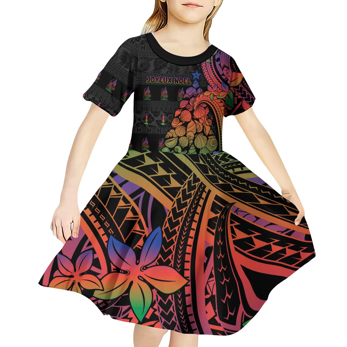 New Caledonia Christmas Kid Short Sleeve Dress Seashell Xmas Tree Tribal Waves DT05 - Polynesian Pride