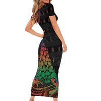 New Caledonia Christmas Short Sleeve Bodycon Dress Seashell Xmas Tree Tribal Waves - Polynesian Pride