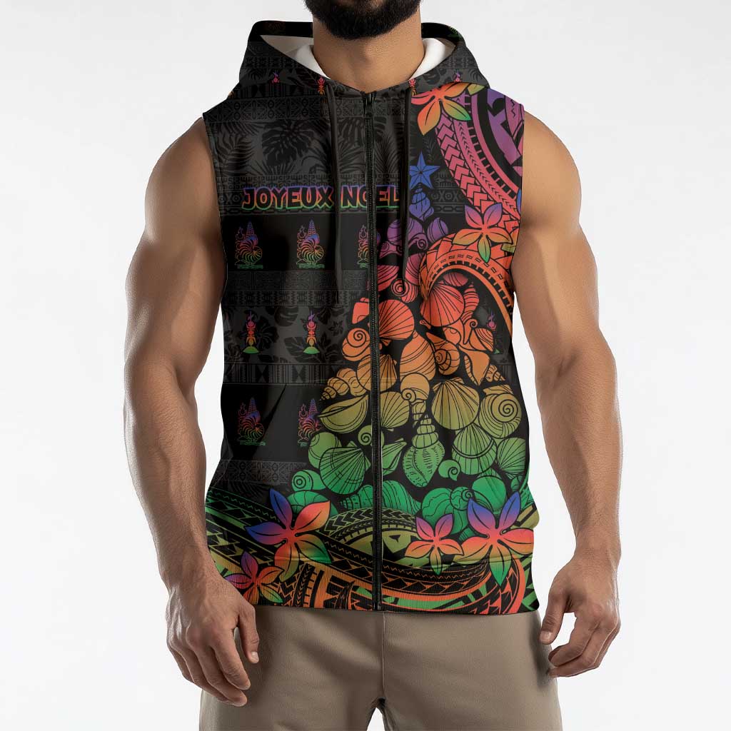 New Caledonia Christmas Sleeveless Zip Hoodie Seashell Xmas Tree Tribal Waves - Polynesian Pride