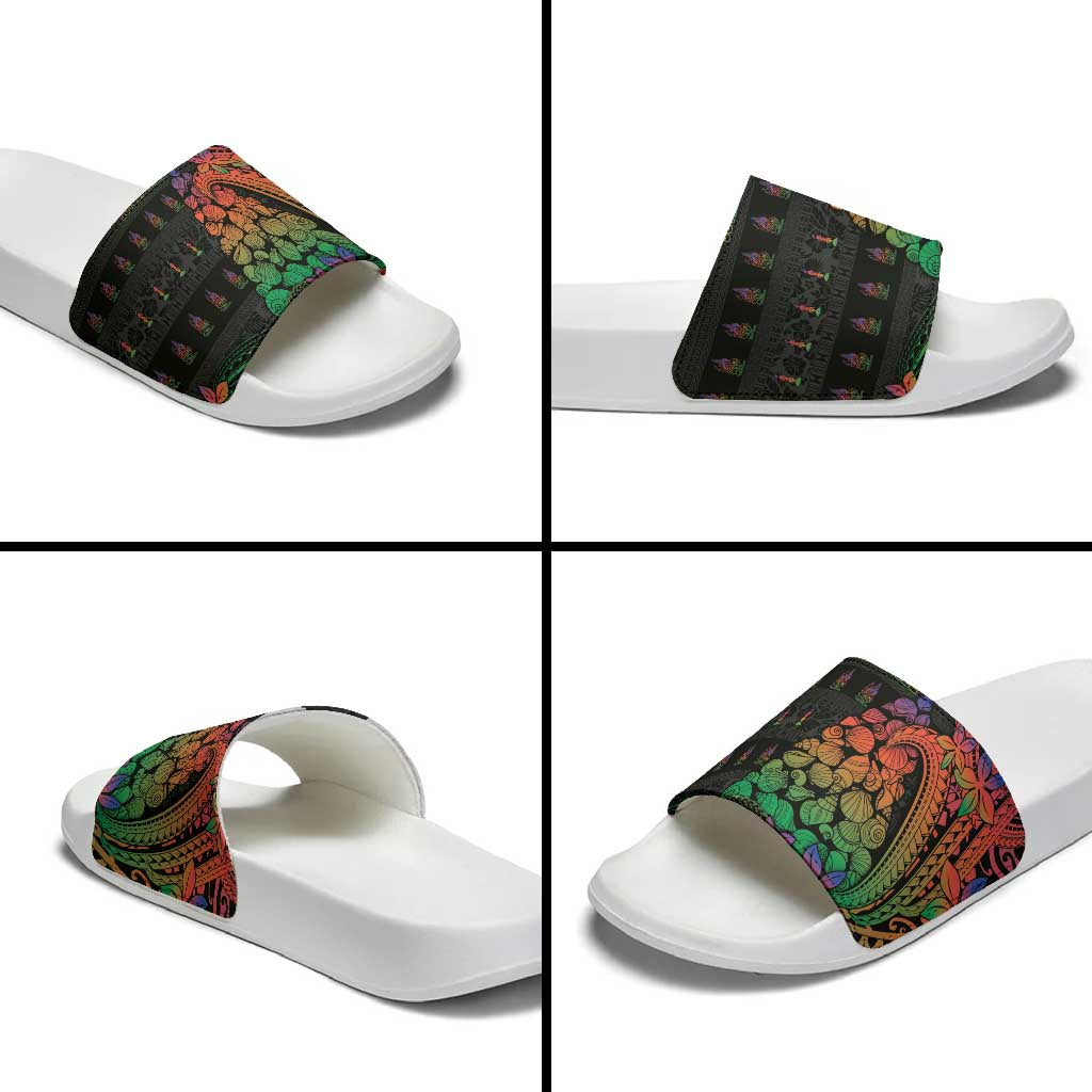 New Caledonia Christmas Slide Sandals Seashell Xmas Tree Tribal Waves - Polynesian Pride