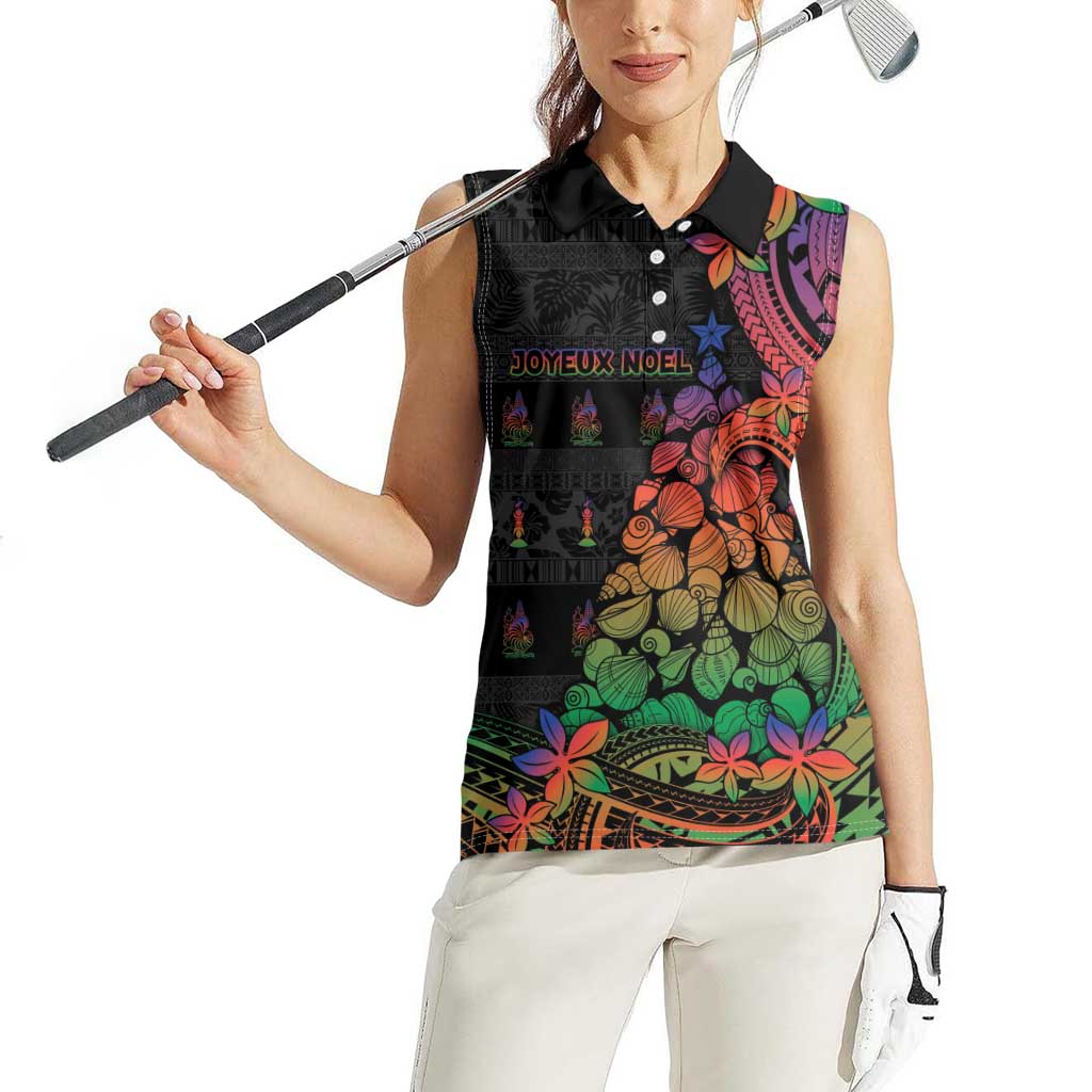 New Caledonia Christmas Women Sleeveless Polo Shirt Seashell Xmas Tree Tribal Waves - Polynesian Pride