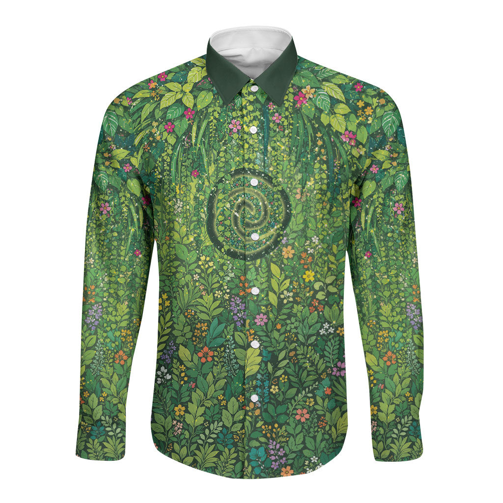 Polynesia Mother Nature Long Sleeve Button Shirt Glowing Heart Spiral Tropical Vine Floral DT05 Unisex Green - Polynesian Pride