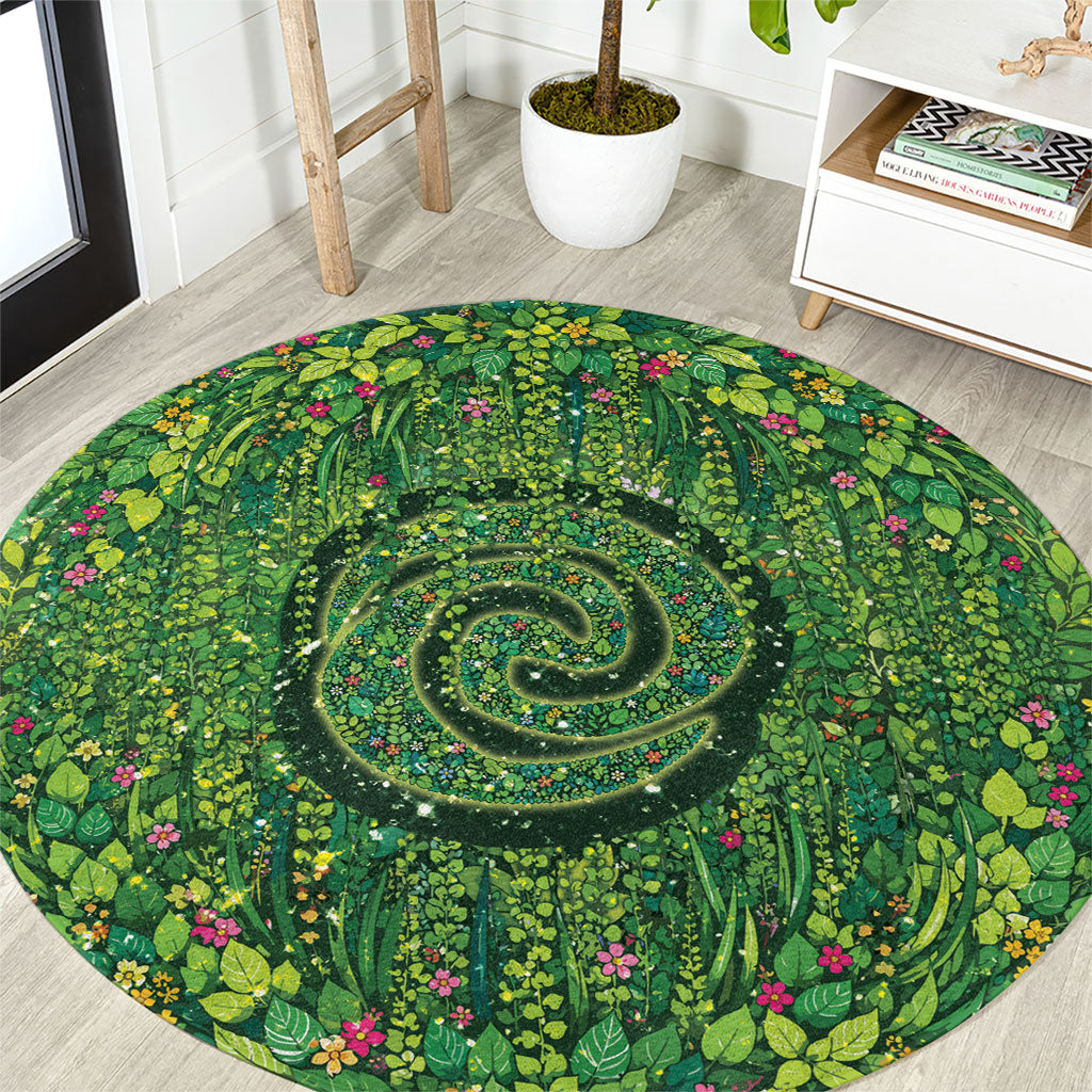 Polynesia Mother Nature Round Carpet Glowing Heart Spiral Tropical Vine Floral DT05 Green - Polynesian Pride