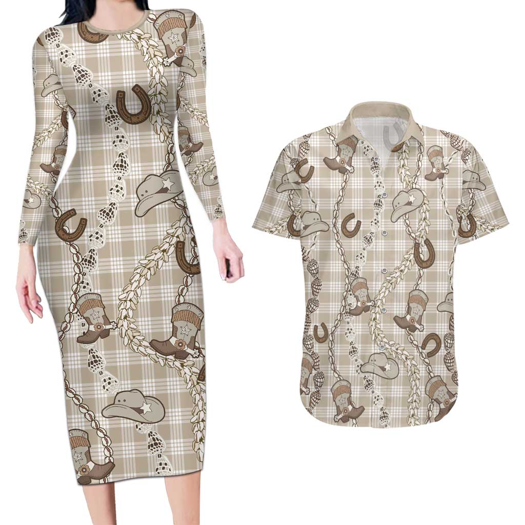 Hawaii Palaka Cowboy Couples Matching Long Sleeve Bodycon Dress and Hawaiian Shirt Shell Maile Lei With Western Patterns - Polynesian Pride