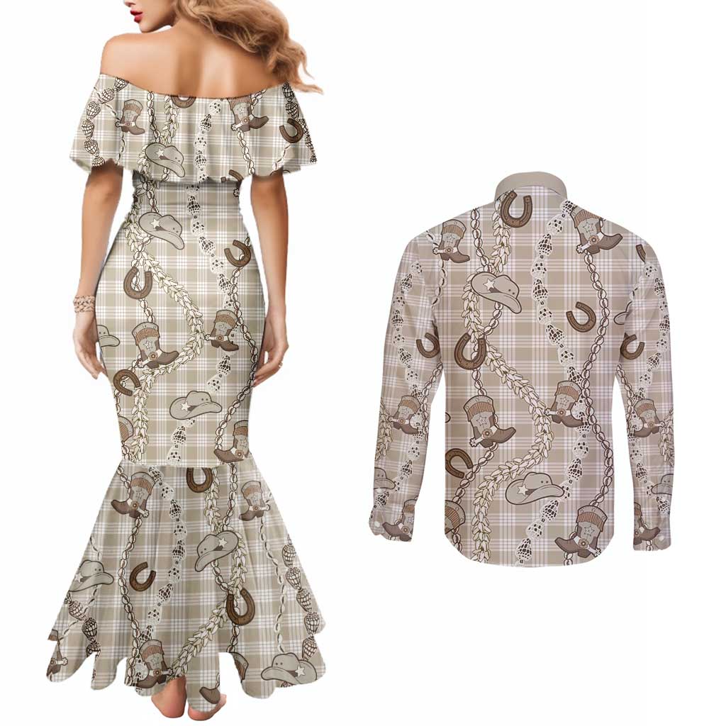 Hawaii Palaka Cowboy Couples Matching Mermaid Dress and Long Sleeve Button Shirt Shell Maile Lei With Western Patterns - Polynesian Pride