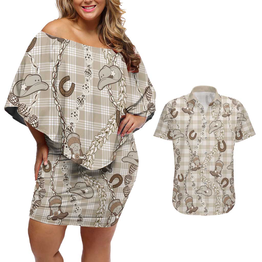 Hawaii Palaka Cowboy Couples Matching Off Shoulder Short Dress and Hawaiian Shirt Shell Maile Lei With Western Patterns - Polynesian Pride