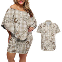 Hawaii Palaka Cowboy Couples Matching Off Shoulder Short Dress and Hawaiian Shirt Shell Maile Lei With Western Patterns - Polynesian Pride