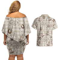 Hawaii Palaka Cowboy Couples Matching Off Shoulder Short Dress and Hawaiian Shirt Shell Maile Lei With Western Patterns - Polynesian Pride