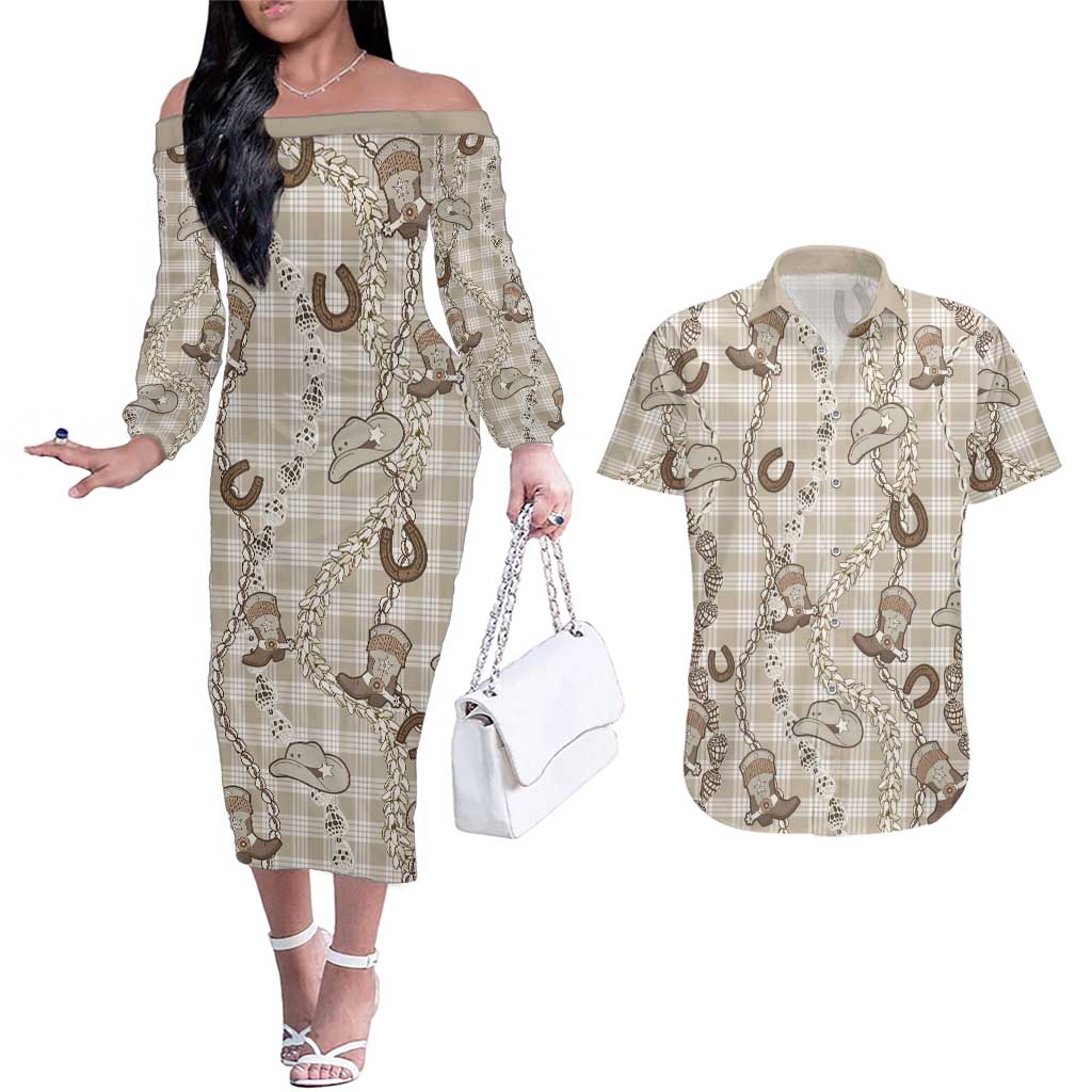 Hawaii Palaka Cowboy Couples Matching Off The Shoulder Long Sleeve Dress and Hawaiian Shirt Shell Maile Lei With Western Patterns - Polynesian Pride