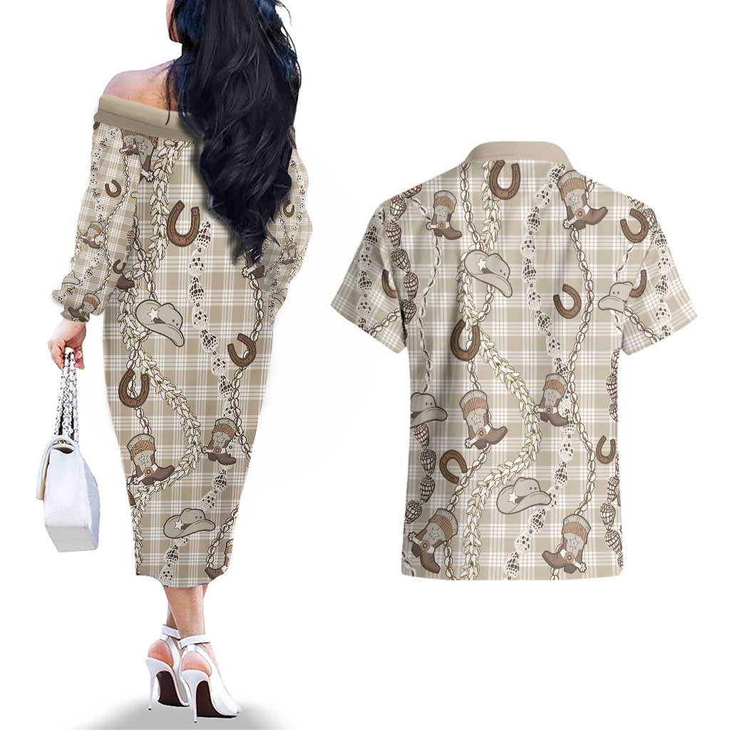 Hawaii Palaka Cowboy Couples Matching Off The Shoulder Long Sleeve Dress and Hawaiian Shirt Shell Maile Lei With Western Patterns - Polynesian Pride