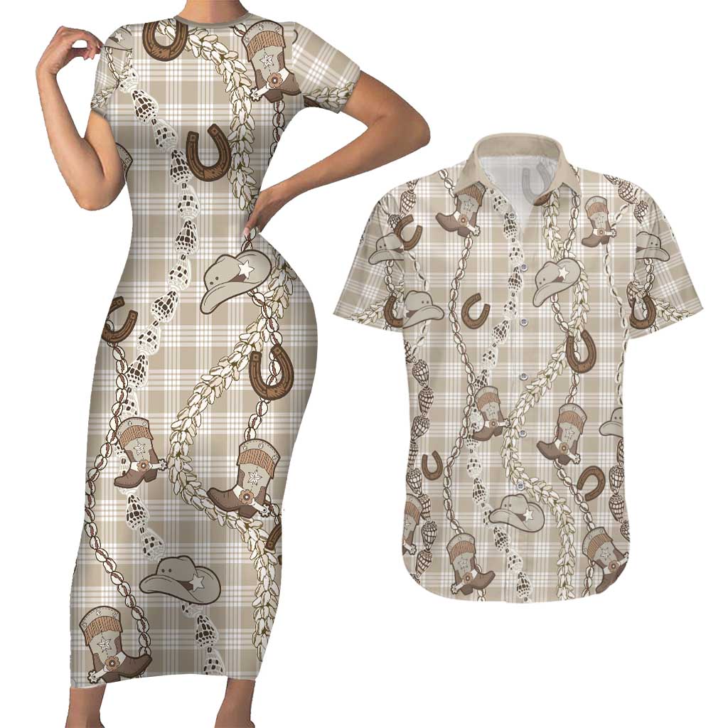 Hawaii Palaka Cowboy Couples Matching Short Sleeve Bodycon Dress and Hawaiian Shirt Shell Maile Lei With Western Patterns - Polynesian Pride