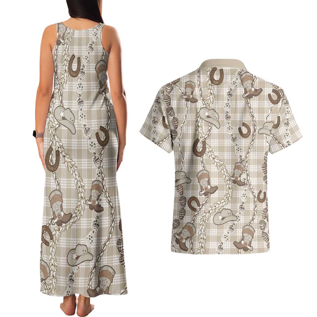 Hawaii Palaka Cowboy Couples Matching Tank Maxi Dress and Hawaiian Shirt Shell Maile Lei With Western Patterns - Polynesian Pride