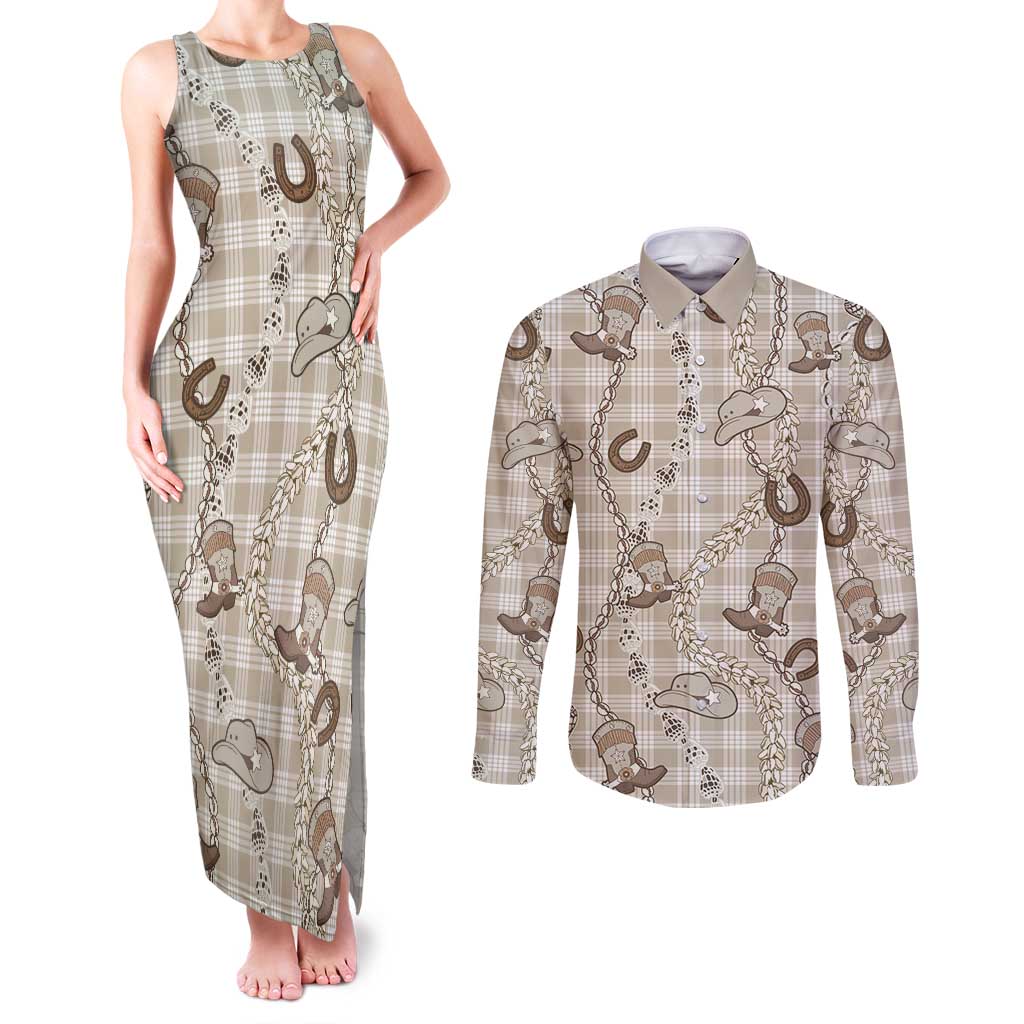 Hawaii Palaka Cowboy Couples Matching Tank Maxi Dress and Long Sleeve Button Shirt Shell Maile Lei With Western Patterns - Polynesian Pride