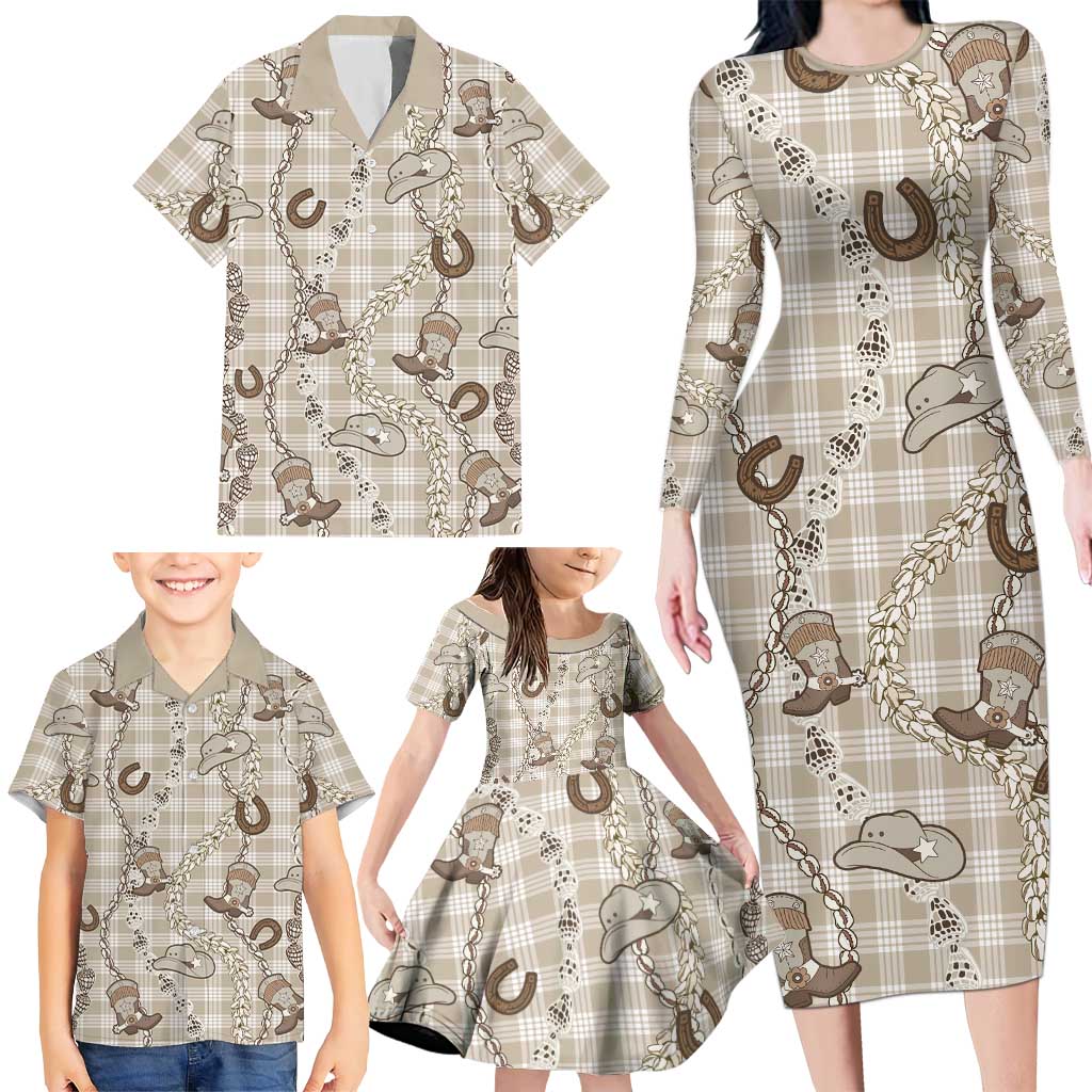 Hawaii Palaka Cowboy Family Matching Long Sleeve Bodycon Dress and Hawaiian Shirt Shell Maile Lei With Western Patterns - Polynesian Pride