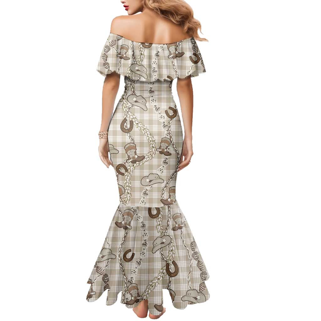 Hawaii Palaka Cowboy Family Matching Mermaid Dress and Hawaiian Shirt Shell Maile Lei With Western Patterns - Polynesian Pride