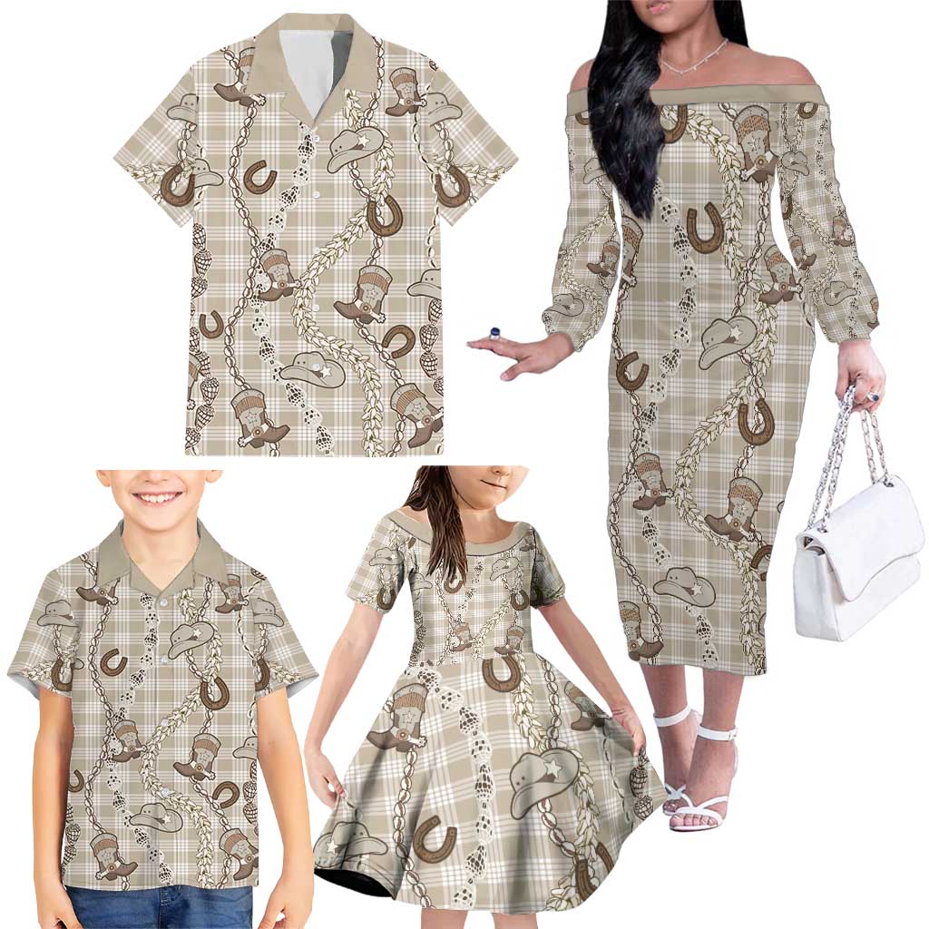 Hawaii Palaka Cowboy Family Matching Off The Shoulder Long Sleeve Dress and Hawaiian Shirt Shell Maile Lei With Western Patterns - Polynesian Pride