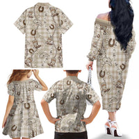 Hawaii Palaka Cowboy Family Matching Off The Shoulder Long Sleeve Dress and Hawaiian Shirt Shell Maile Lei With Western Patterns - Polynesian Pride