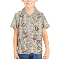 Hawaii Palaka Cowboy Family Matching Off The Shoulder Long Sleeve Dress and Hawaiian Shirt Shell Maile Lei With Western Patterns - Polynesian Pride