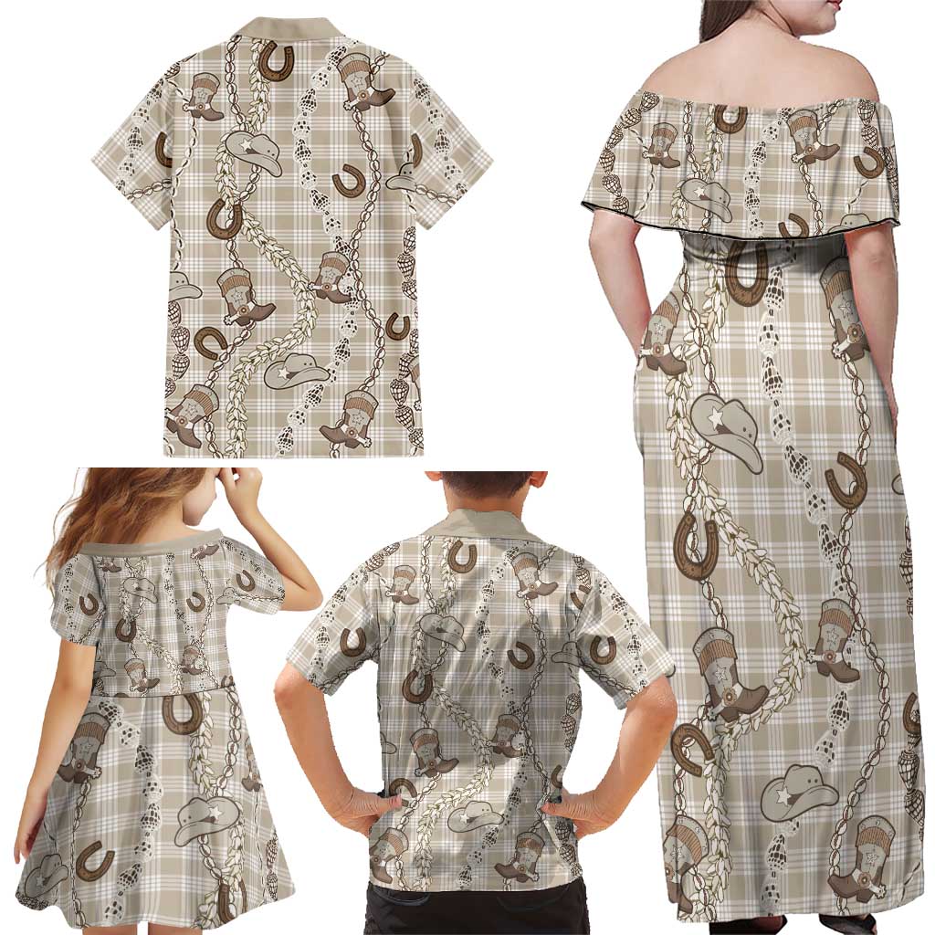 Hawaii Palaka Cowboy Family Matching Off Shoulder Maxi Dress and Hawaiian Shirt Shell Maile Lei With Western Patterns - Polynesian Pride