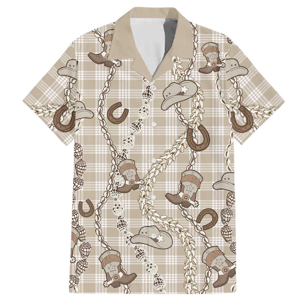 Hawaii Palaka Cowboy Family Matching Off Shoulder Maxi Dress and Hawaiian Shirt Shell Maile Lei With Western Patterns - Polynesian Pride
