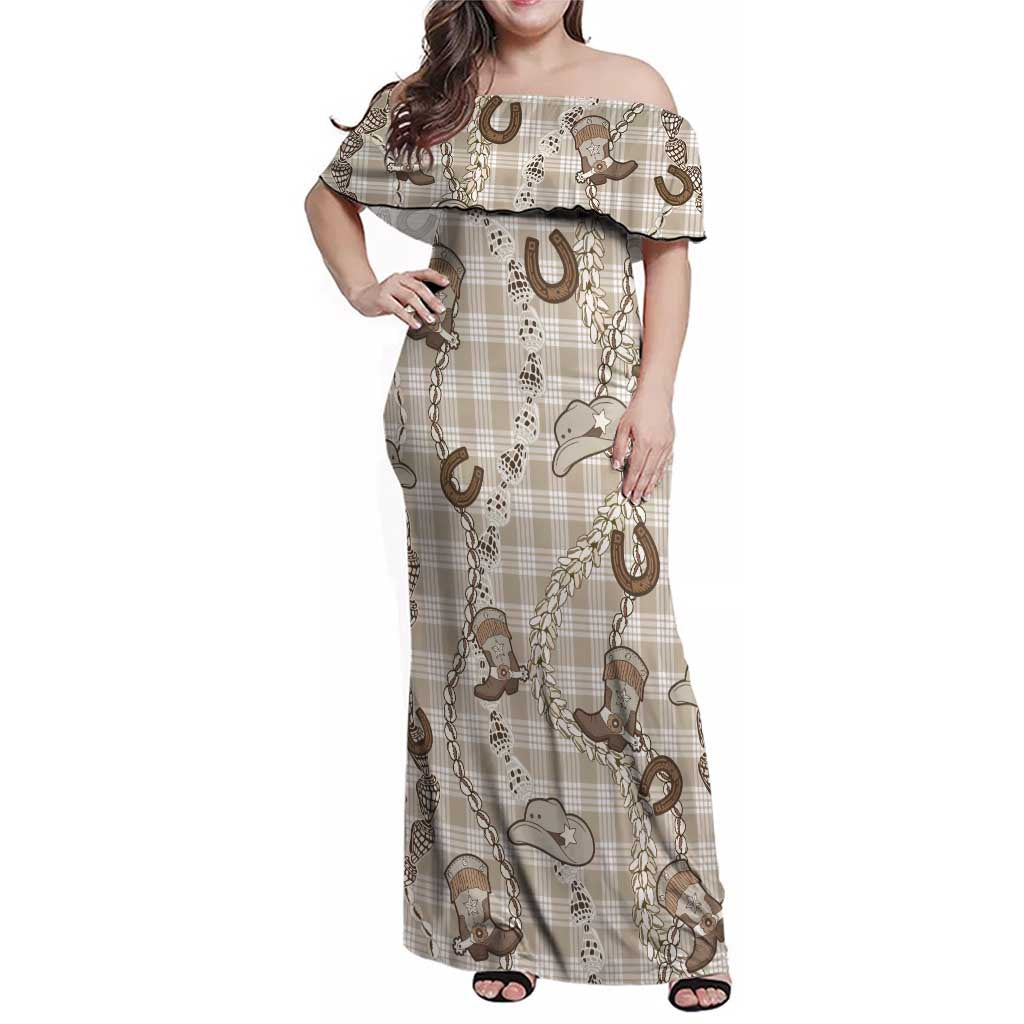 Hawaii Palaka Cowboy Family Matching Off Shoulder Maxi Dress and Hawaiian Shirt Shell Maile Lei With Western Patterns - Polynesian Pride