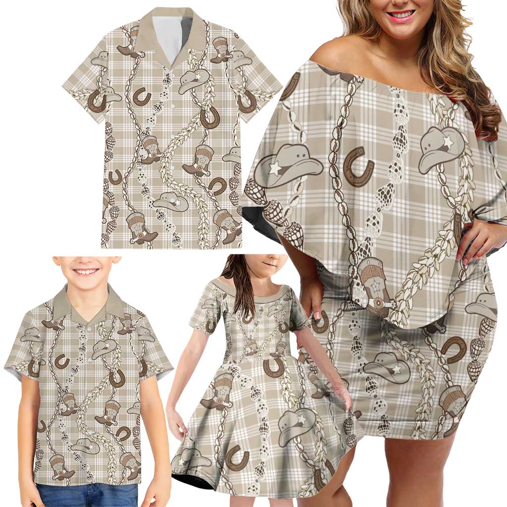 Hawaii Palaka Cowboy Family Matching Off Shoulder Short Dress and Hawaiian Shirt Shell Maile Lei With Western Patterns - Polynesian Pride