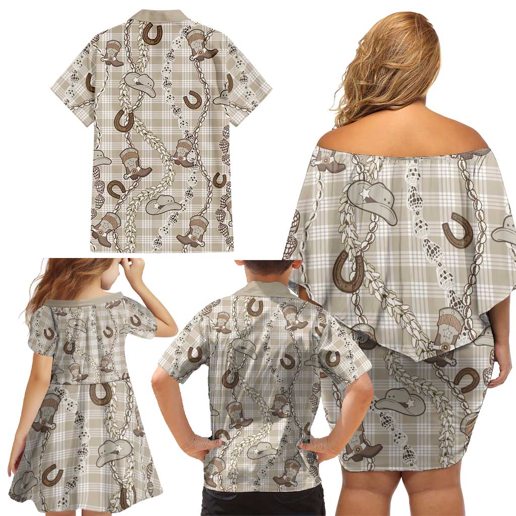 Hawaii Palaka Cowboy Family Matching Off Shoulder Short Dress and Hawaiian Shirt Shell Maile Lei With Western Patterns - Polynesian Pride