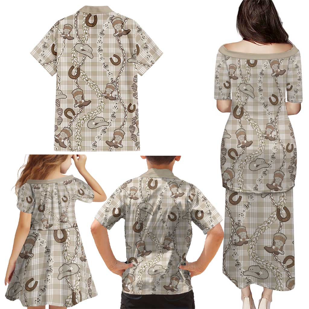 Hawaii Palaka Cowboy Family Matching Puletasi and Hawaiian Shirt Shell Maile Lei With Western Patterns - Polynesian Pride