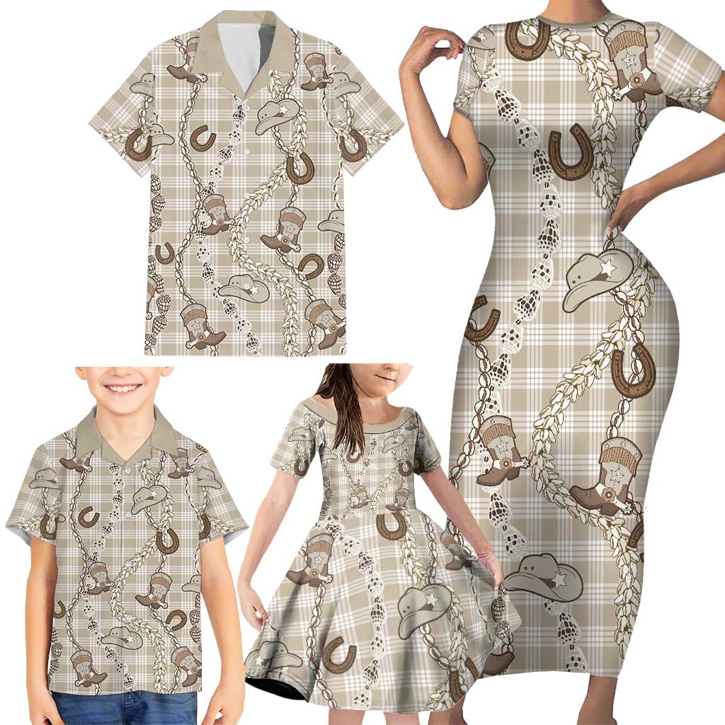 Hawaii Palaka Cowboy Family Matching Short Sleeve Bodycon Dress and Hawaiian Shirt Shell Maile Lei With Western Patterns - Polynesian Pride