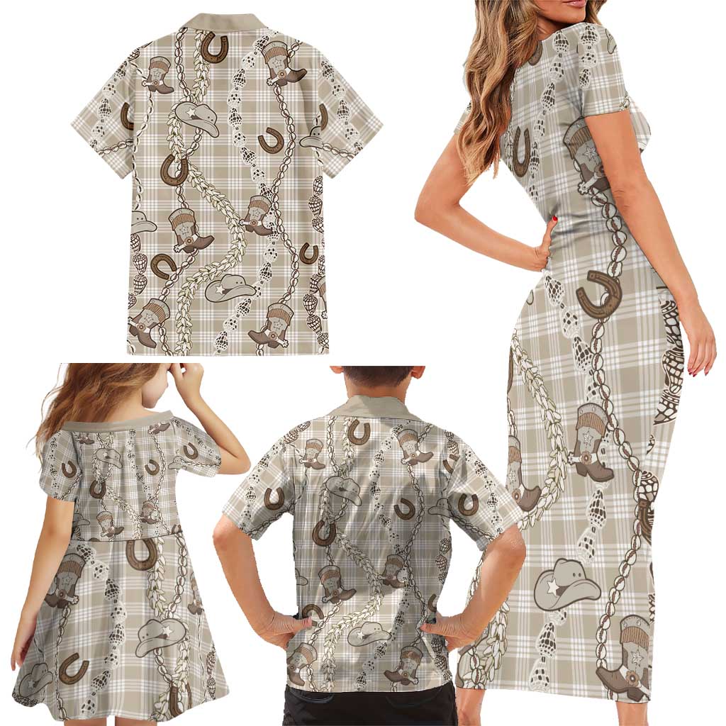 Hawaii Palaka Cowboy Family Matching Short Sleeve Bodycon Dress and Hawaiian Shirt Shell Maile Lei With Western Patterns - Polynesian Pride