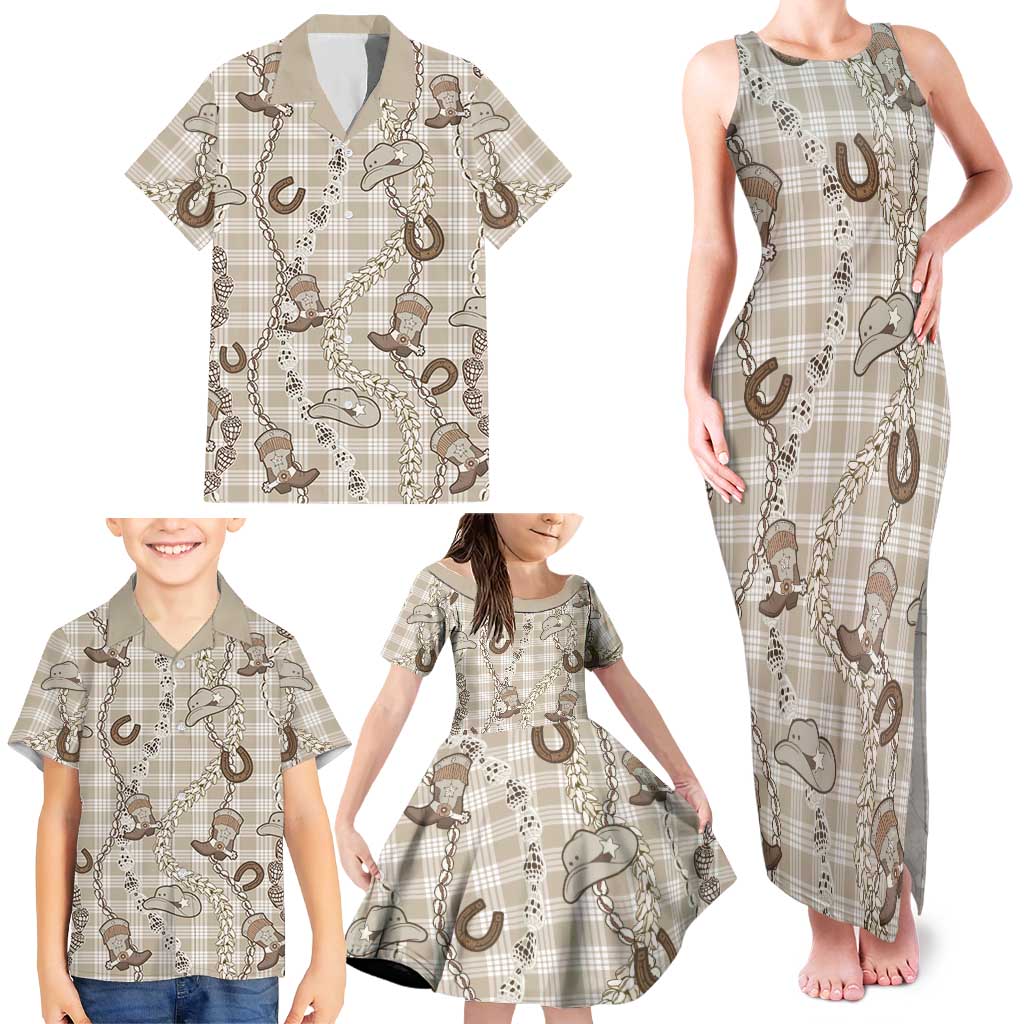 Hawaii Palaka Cowboy Family Matching Tank Maxi Dress and Hawaiian Shirt Shell Maile Lei With Western Patterns - Polynesian Pride