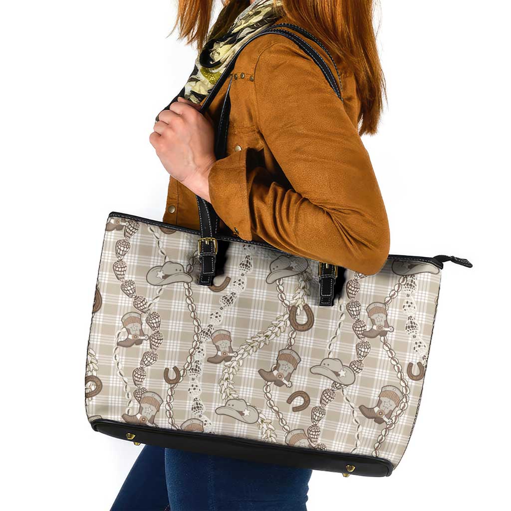 Hawaii Palaka Cowboy Leather Tote Bag Shell Maile Lei With Western Patterns - Polynesian Pride