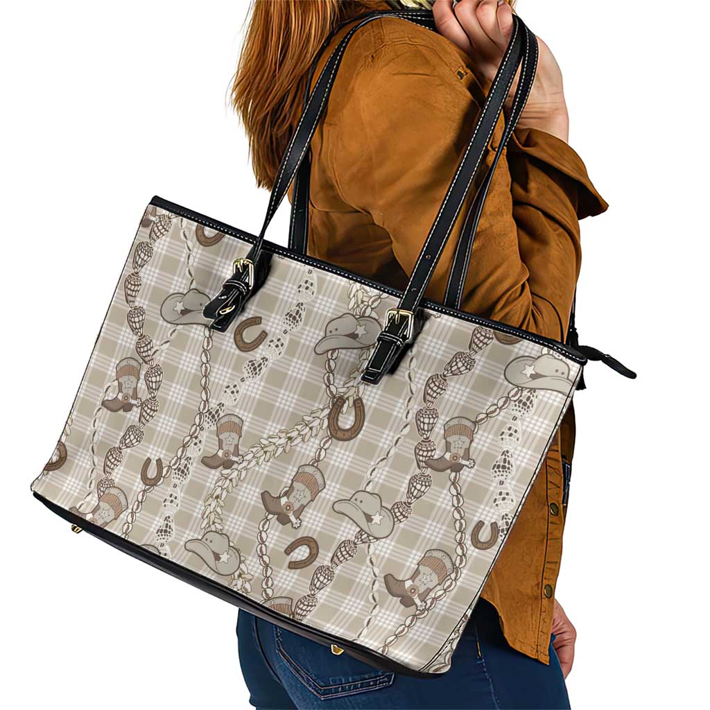 Hawaii Palaka Cowboy Leather Tote Bag Shell Maile Lei With Western Patterns - Polynesian Pride