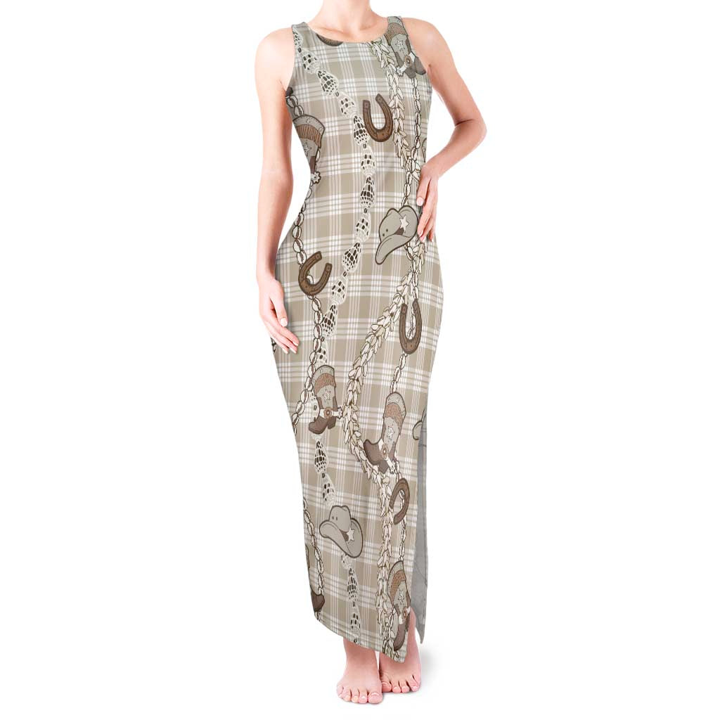 Hawaii Palaka Cowboy Tank Maxi Dress Shell Maile Lei With Western Patterns - Polynesian Pride