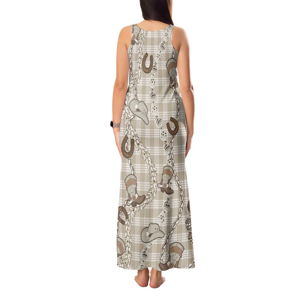 Hawaii Palaka Cowboy Tank Maxi Dress Shell Maile Lei With Western Patterns - Polynesian Pride
