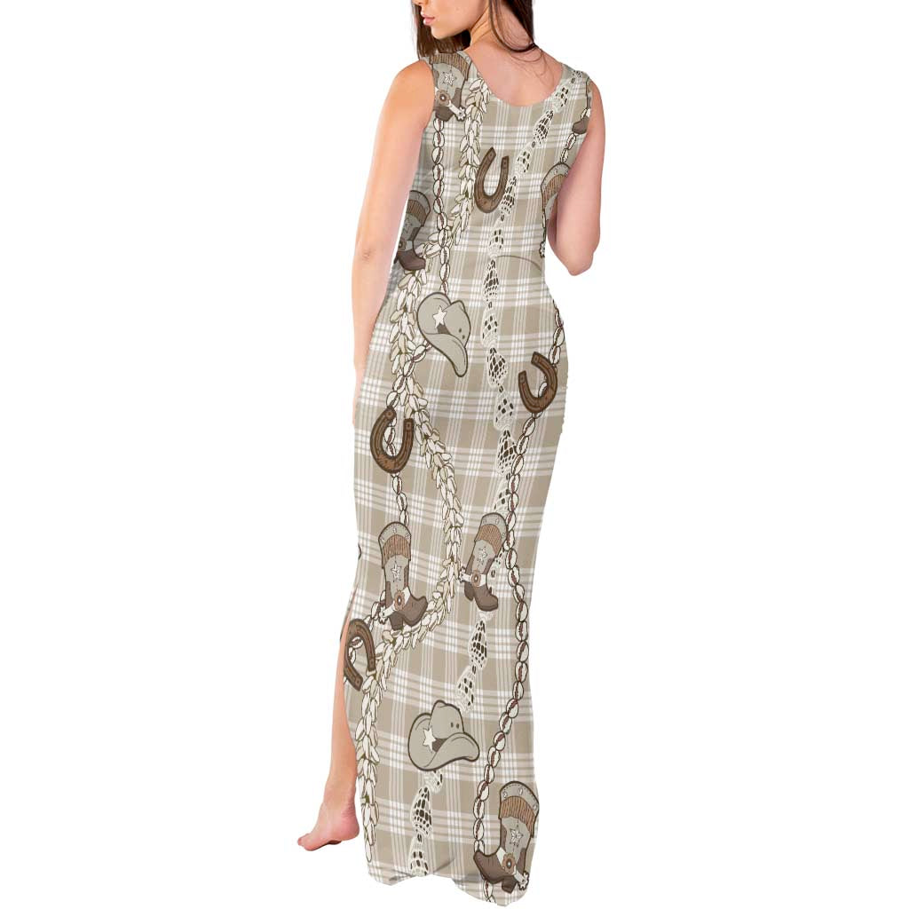Hawaii Palaka Cowboy Tank Maxi Dress Shell Maile Lei With Western Patterns - Polynesian Pride