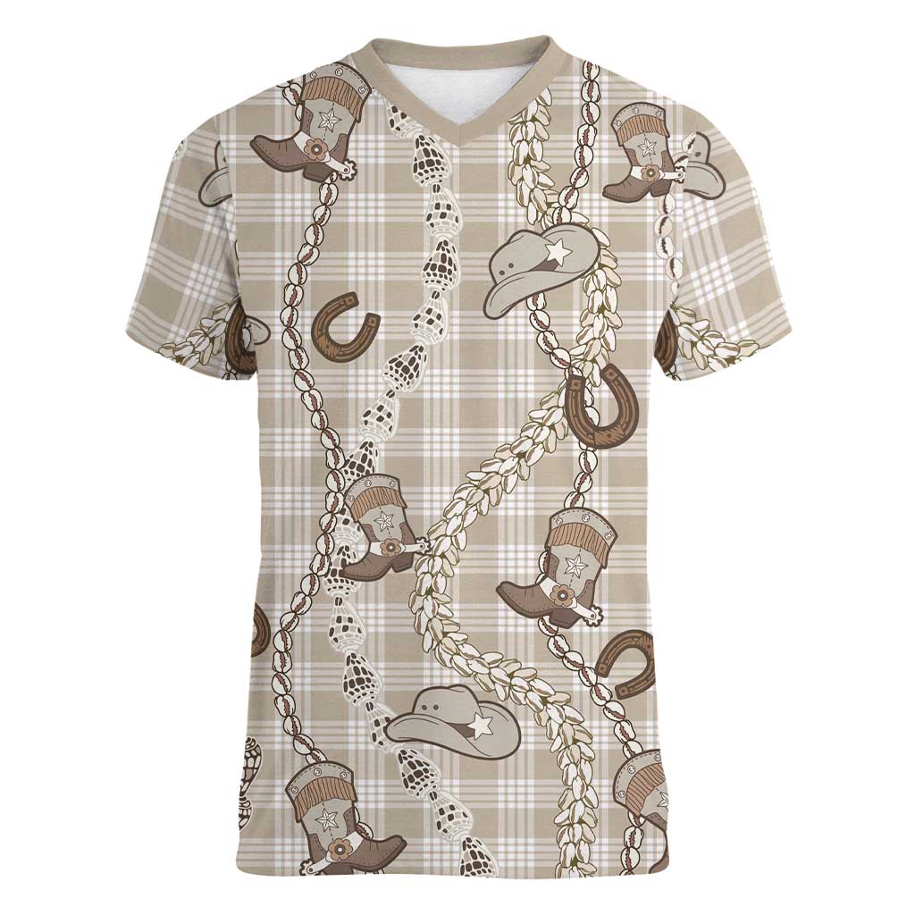 Hawaii Palaka Cowboy Women V-Neck T-Shirt Shell Maile Lei With Western Patterns - Polynesian Pride
