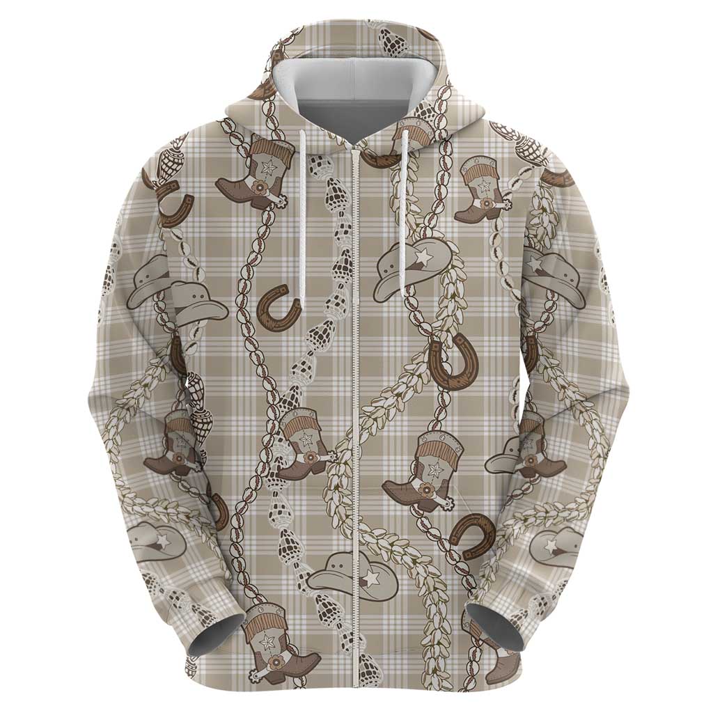 Hawaii Palaka Cowboy Zip Hoodie Shell Maile Lei With Western Patterns - Polynesian Pride