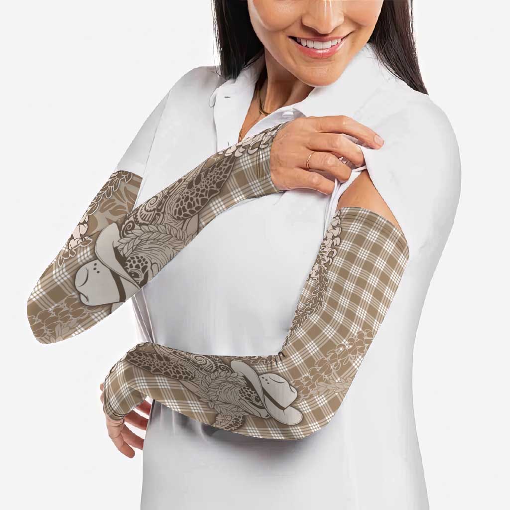 Beige Hawaii Palaka Cowboy Turtle Arm Sleeves Hawaiian Paniolo Puakenikeni Maile Lei - Polynesian Pride