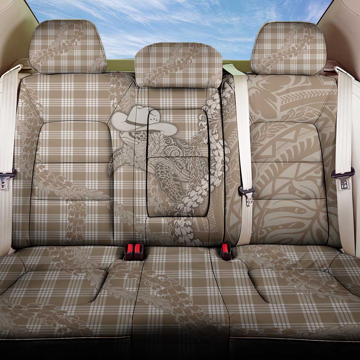 Beige Hawaii Palaka Cowboy Turtle Back Car Seat Cover Hawaiian Paniolo Puakenikeni Maile Lei - Polynesian Pride