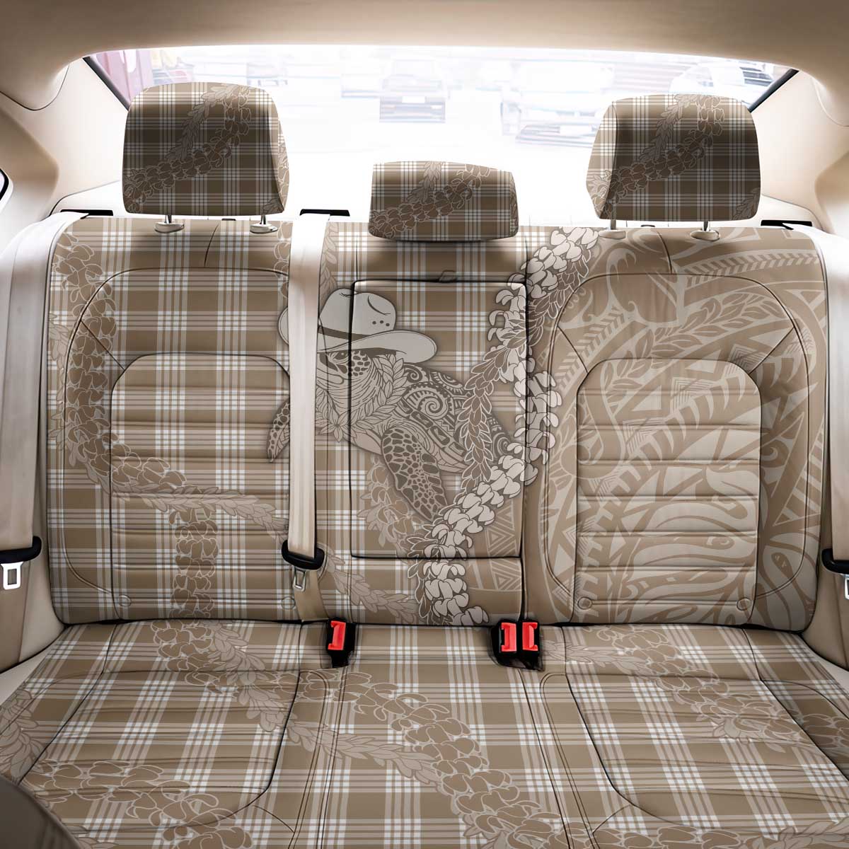 Beige Hawaii Palaka Cowboy Turtle Back Car Seat Cover Hawaiian Paniolo Puakenikeni Maile Lei - Polynesian Pride