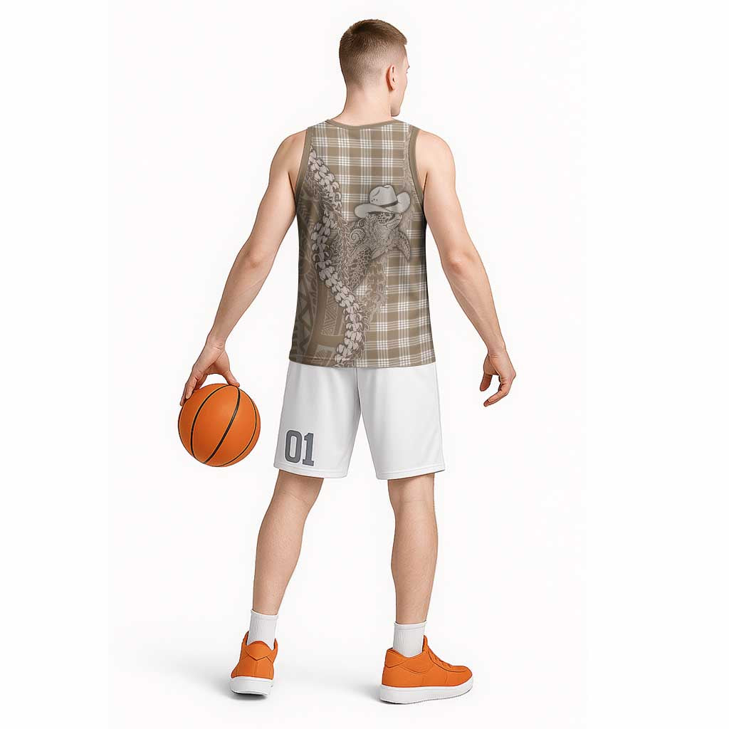Beige Hawaii Palaka Cowboy Turtle Basketball Jersey Hawaiian Paniolo Puakenikeni Maile Lei - Polynesian Pride