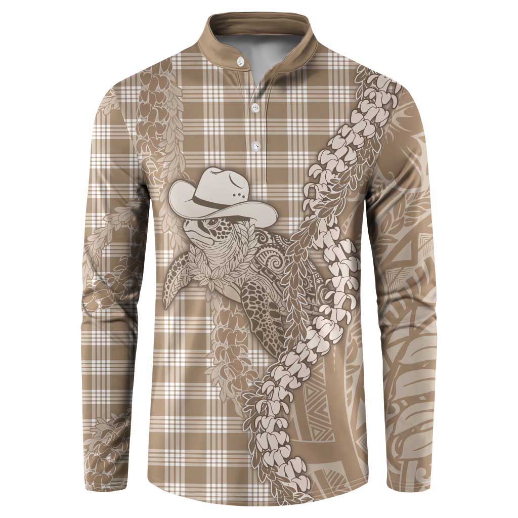 Beige Hawaii Palaka Cowboy Turtle Button Sweatshirt Hawaiian Paniolo Puakenikeni Maile Lei - Polynesian Pride