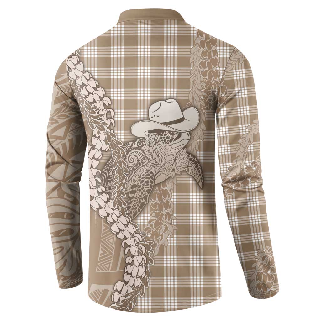 Beige Hawaii Palaka Cowboy Turtle Button Sweatshirt Hawaiian Paniolo Puakenikeni Maile Lei - Polynesian Pride